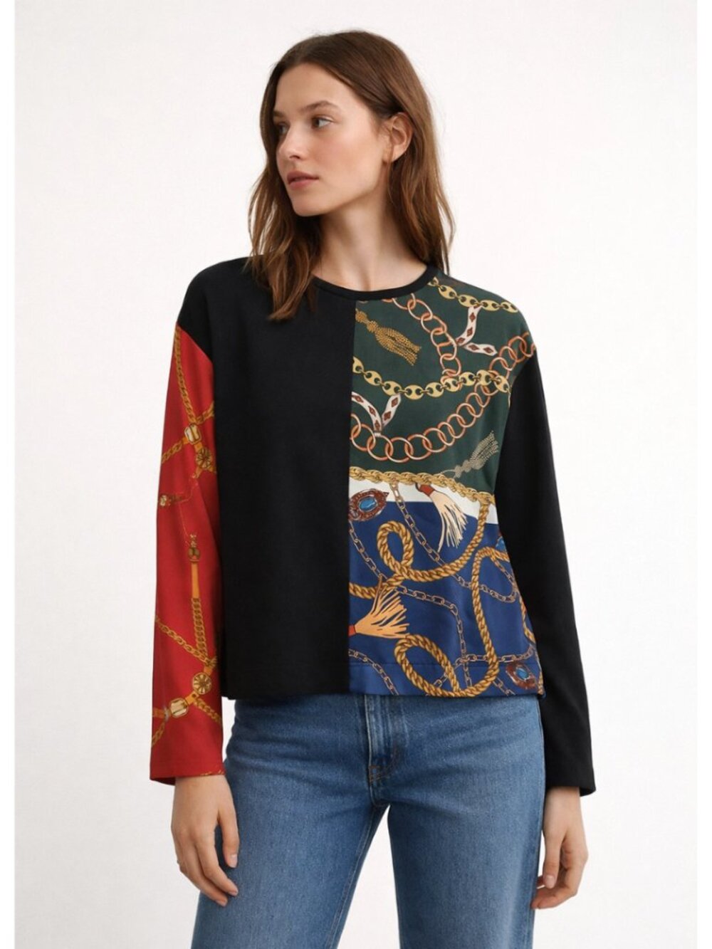 Zara Chainlink Equestrian Satin Patchwork Boxy Fit Top